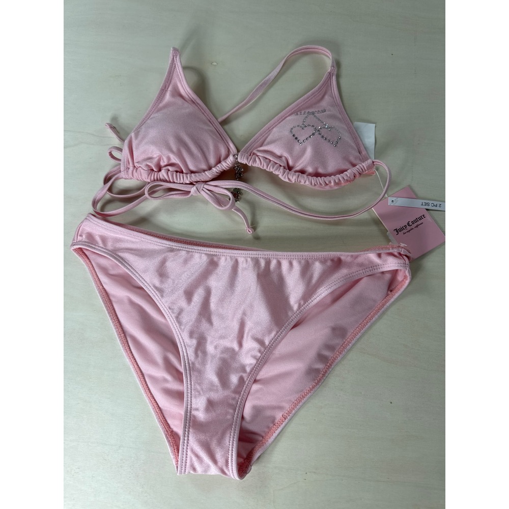 Juicy Couture Pink Rhinestone Cherry Triangle Bikini 2 Piece Swimsuit Set NWT